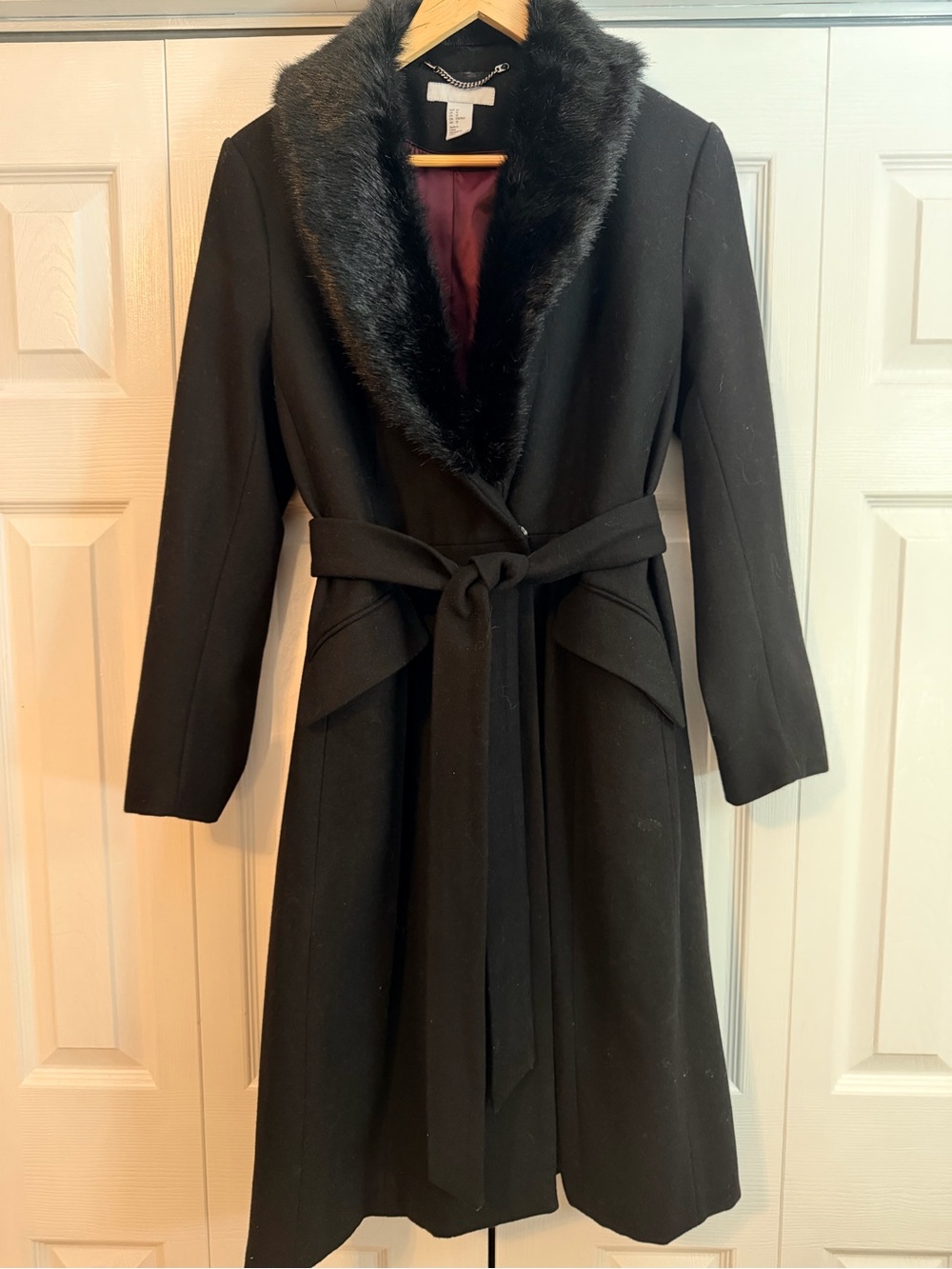 H&M Black 65% Wool Blend Coat with Faux Fur Collar - Size 12
